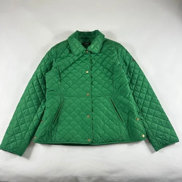 Lauren Ralph Lauren Women's Large Green Quilted Jacket Gold Snap Button Coat - Picture 1 of 10